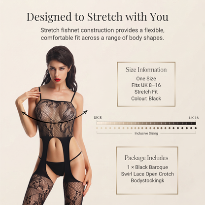Black Baroque Swirl Lace Open Crotch Bodystocking with Arch Cutout Suspenders UK 8-16