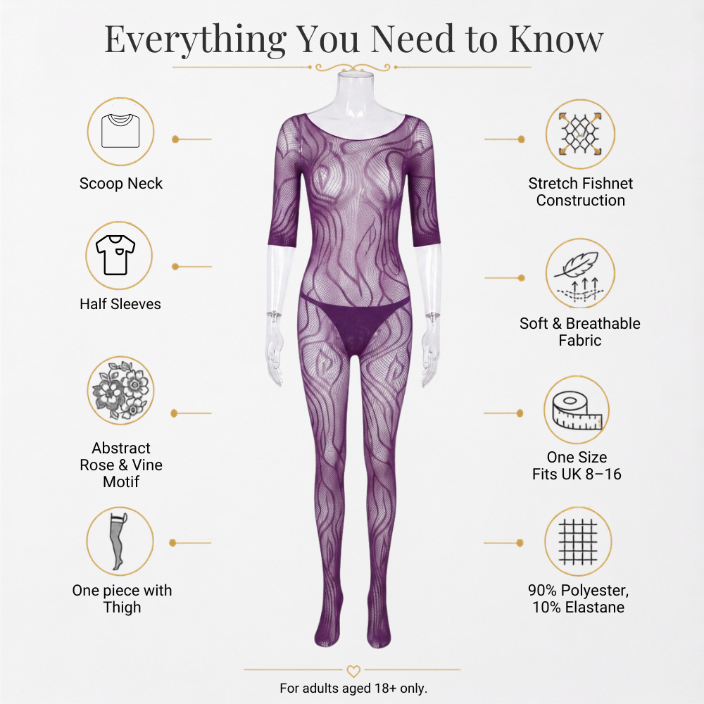 Purple Bodystocking Lace Half Sleeve Full Body Stocking Lingerie UK 8-16 One Size