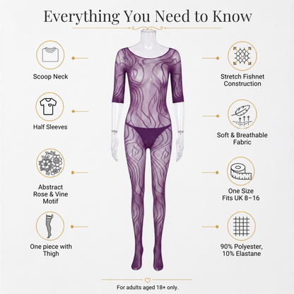 Purple Bodystocking Lace Half Sleeve Full Body Stocking Lingerie UK 8-16 One Size