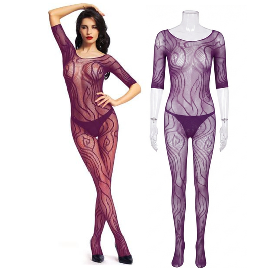 Purple Bodystocking Lace Half Sleeve Full Body Stocking Lingerie UK 8-16 One Size
