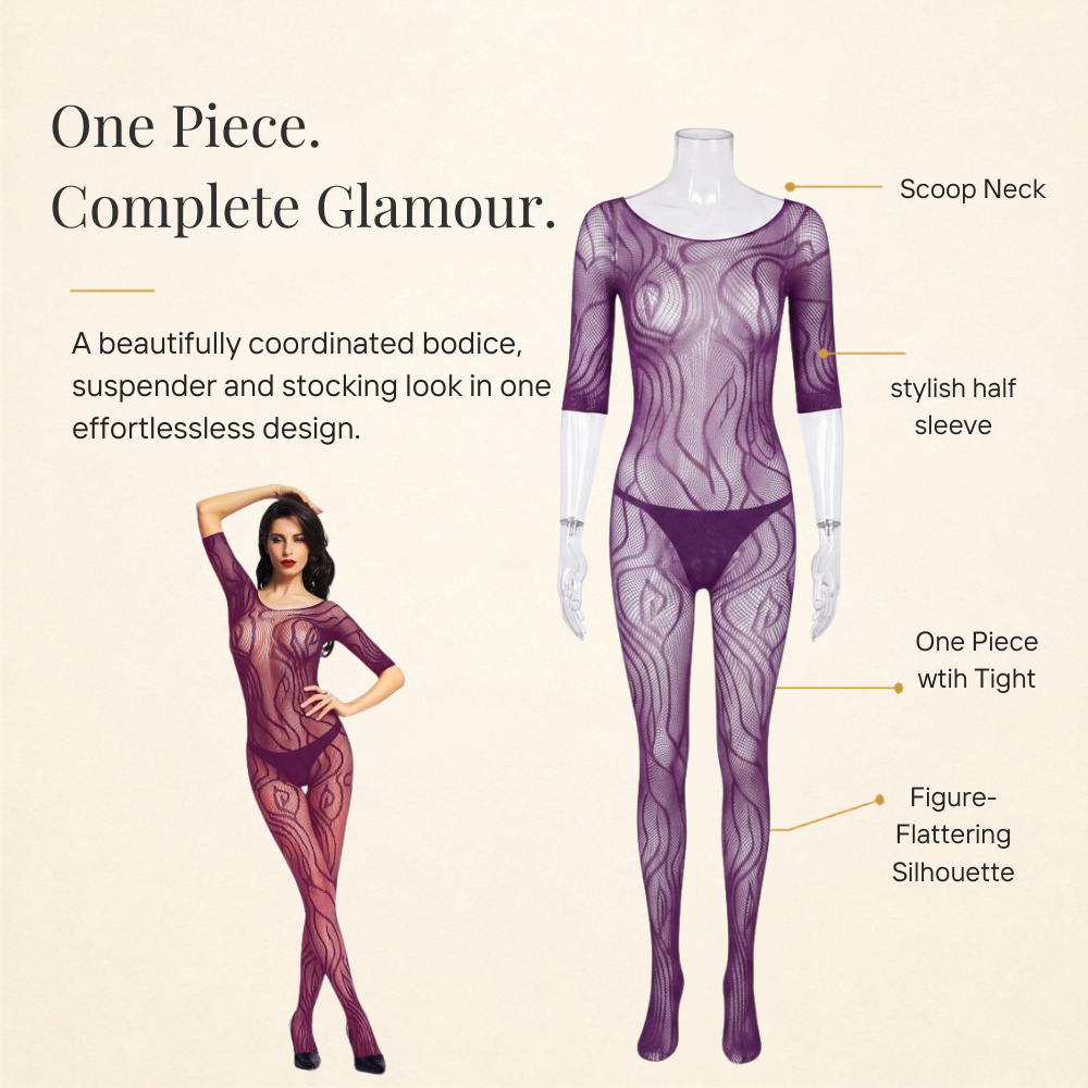 Purple Bodystocking Lace Half Sleeve Full Body Stocking Lingerie UK 8-16 One Size