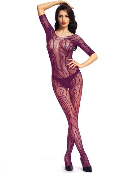 Purple Bodystocking Lace Half Sleeve Full Body Stocking Lingerie UK 8-16 One Size
