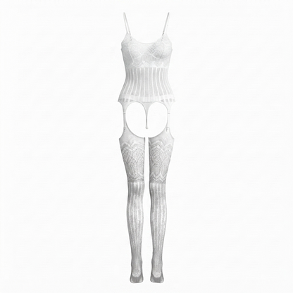 Open Crotch Lace Suspender Bodystocking Lingerie UK 8-16 (Floral Striped)