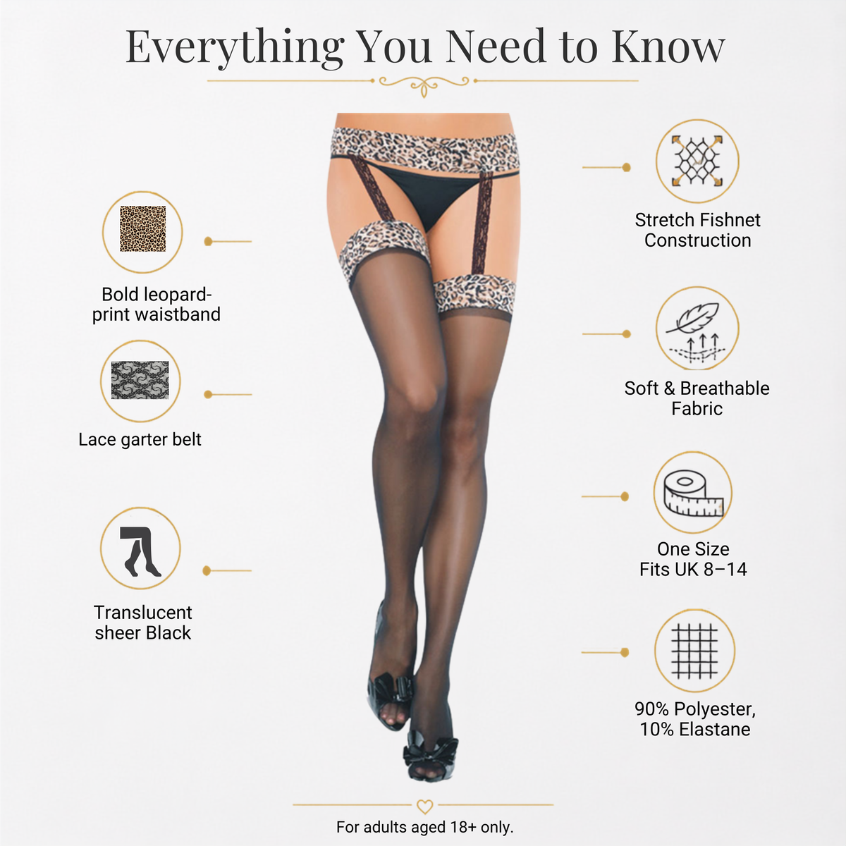 Garter Belt Lace Thigh High Stockings UK Size 8-12 (Leopard Print Trim)
