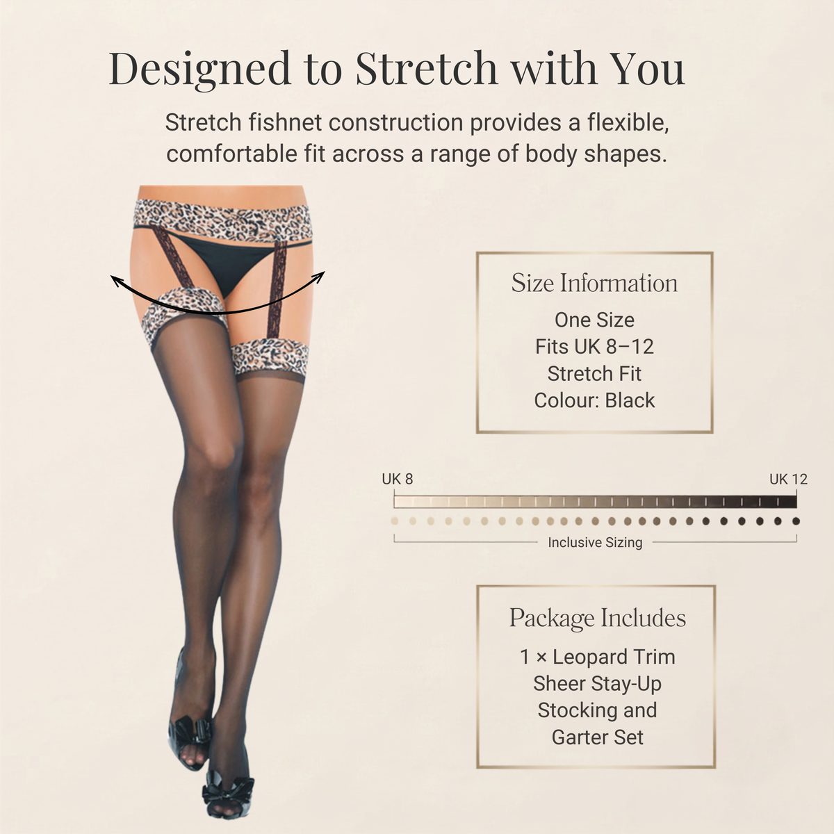 Garter Belt Lace Thigh High Stockings UK Size 8-12 (Leopard Print Trim)