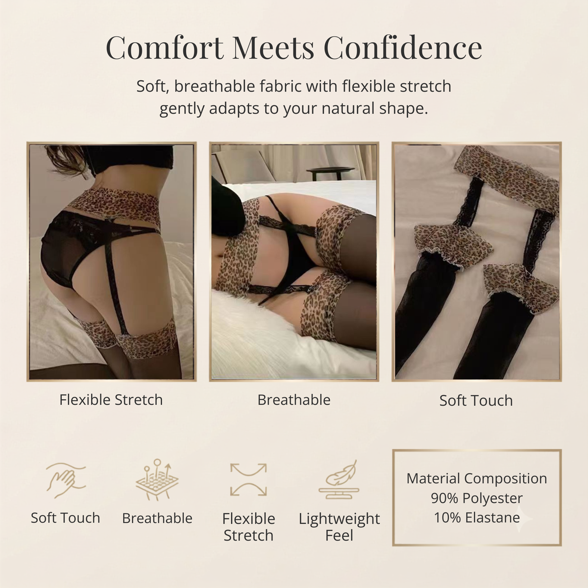 Garter Belt Lace Thigh High Stockings UK Size 8-12 (Leopard Print Trim)