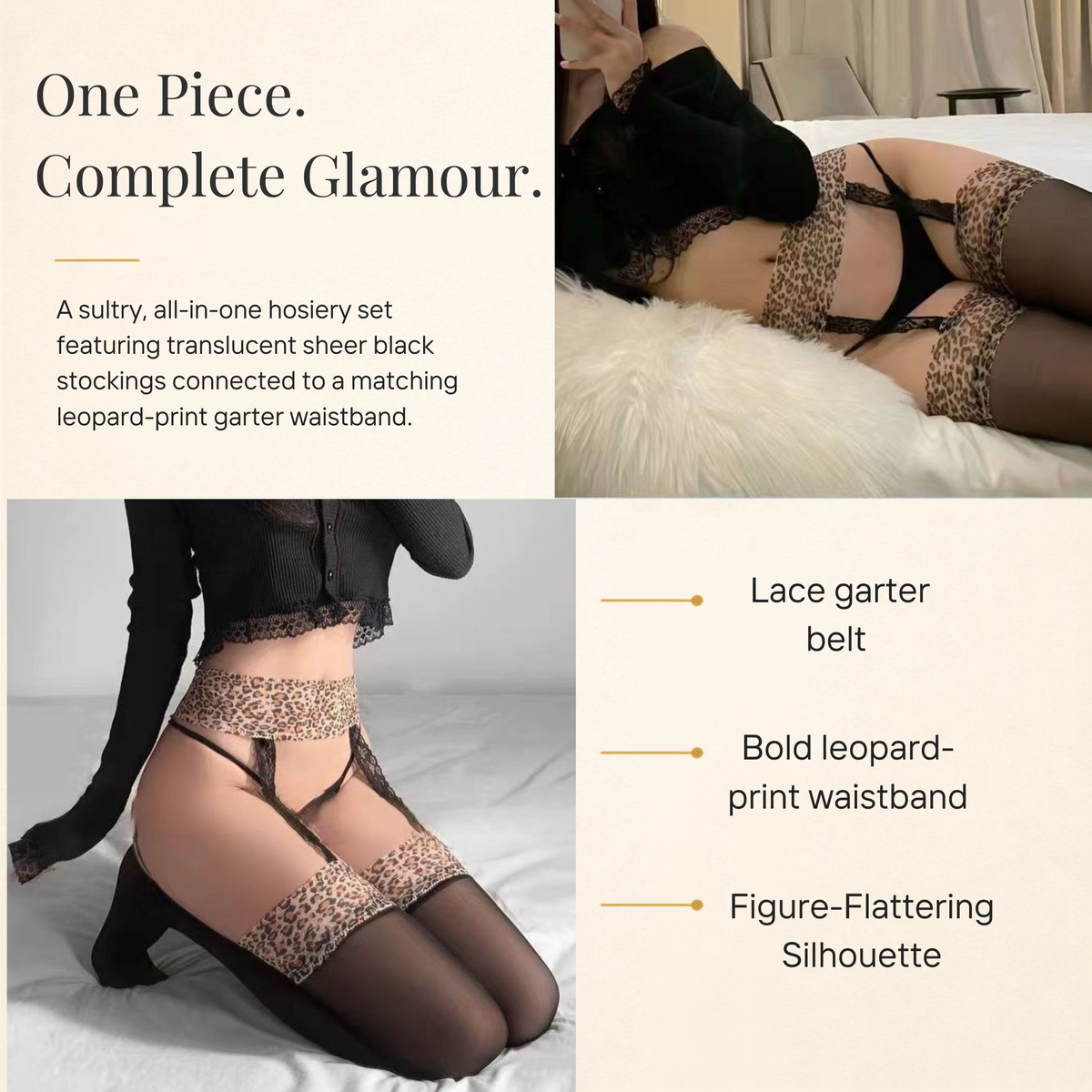 Garter Belt Lace Thigh High Stockings UK Size 8-12 (Leopard Print Trim)