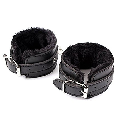 3-Piece Faux Leather Bondage Set – Fur Lined Handcuffs Studded Cat Mask & Spanking Paddle