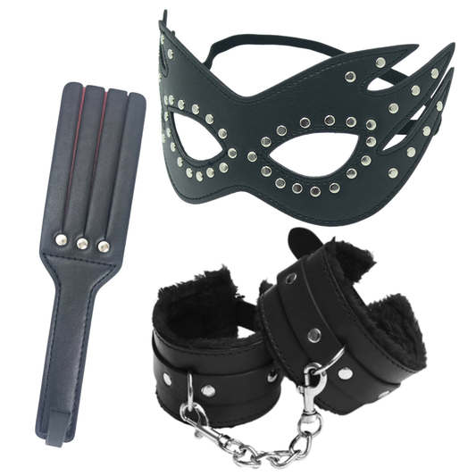 3-Piece Faux Leather Bondage Set – Fur Lined Handcuffs Studded Cat Mask & Spanking Paddle
