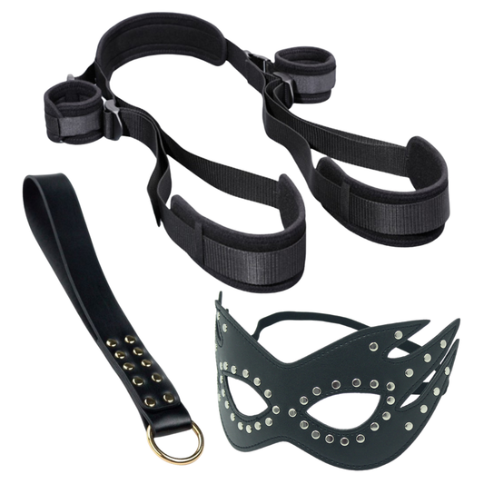 Adjustable Thigh & Wrist Cuffs Restraints, Padded PU Leather Slapper and Faux Leather Mask Set