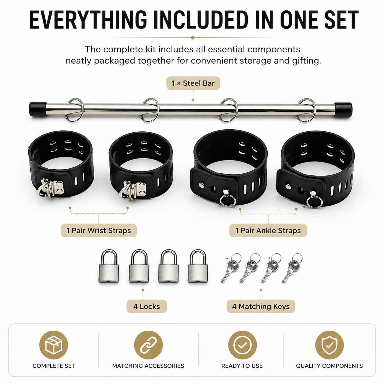 Luxury Restraint Bondage Set With Bar, Ankle Cuffs and Handcuffs