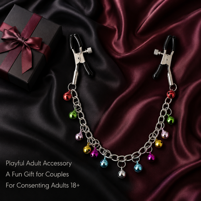 Breast Simulation Clothes Pegs with Small Coloured Bells Chain Sequin Bra-Less Nipple Clamp Clips