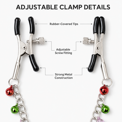 Breast Simulation Clothes Pegs with Small Coloured Bells Chain Sequin Bra-Less Nipple Clamp Clips