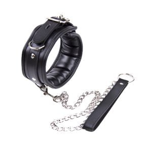 Adjustable PU Leather Choker Padded SM Neck Collar With Chain Lead Leash Restraint