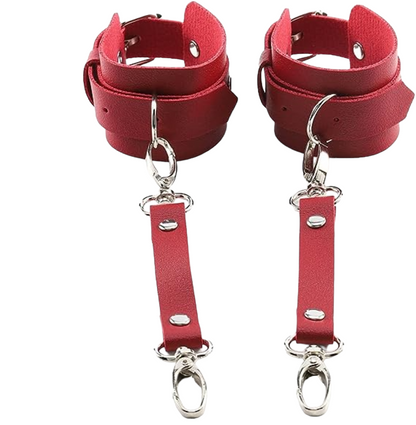 Burgundy Leather Thigh Waist Strap and Wrist Chain Cuffs Harness Bondage Set