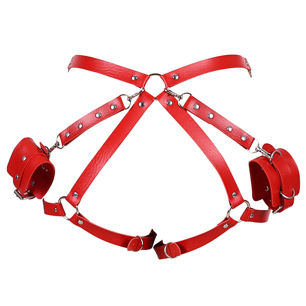 Burgundy Leather Thigh Waist Strap and Wrist Chain Cuffs Harness Bondage Set