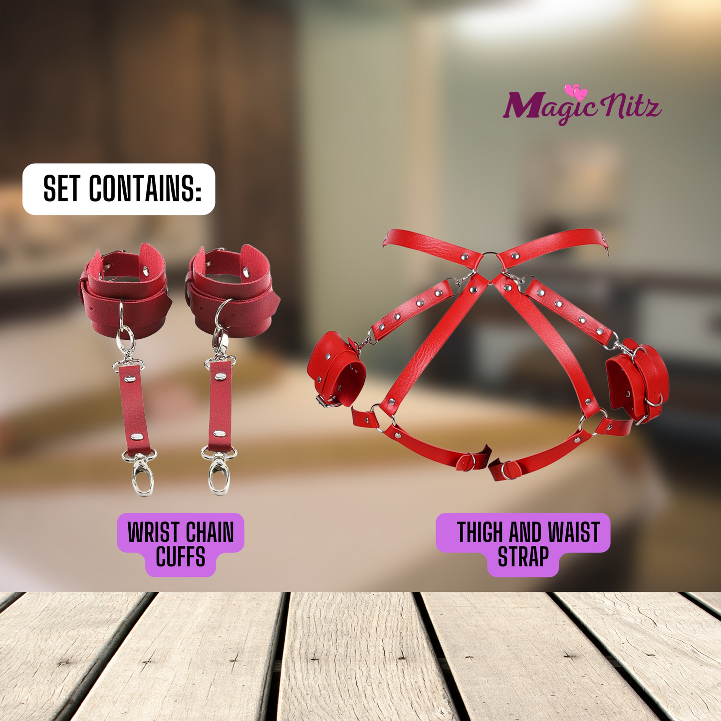 Burgundy Leather Thigh Waist Strap and Wrist Chain Cuffs Harness Bondage Set