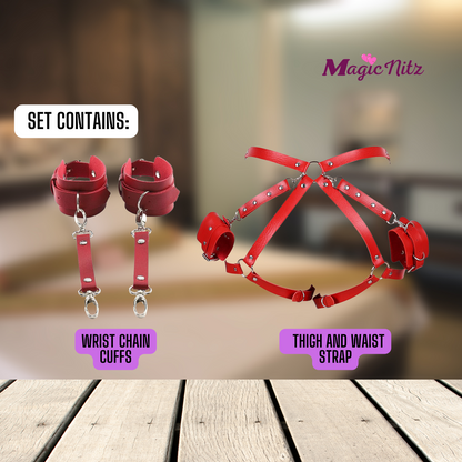 Burgundy Leather Thigh Waist Strap and Wrist Chain Cuffs Harness Bondage Set