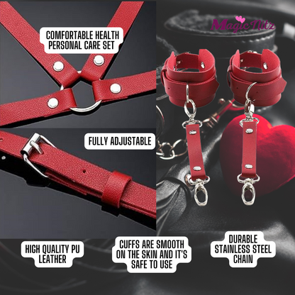Burgundy Leather Thigh Waist Strap and Wrist Chain Cuffs Harness Bondage Set