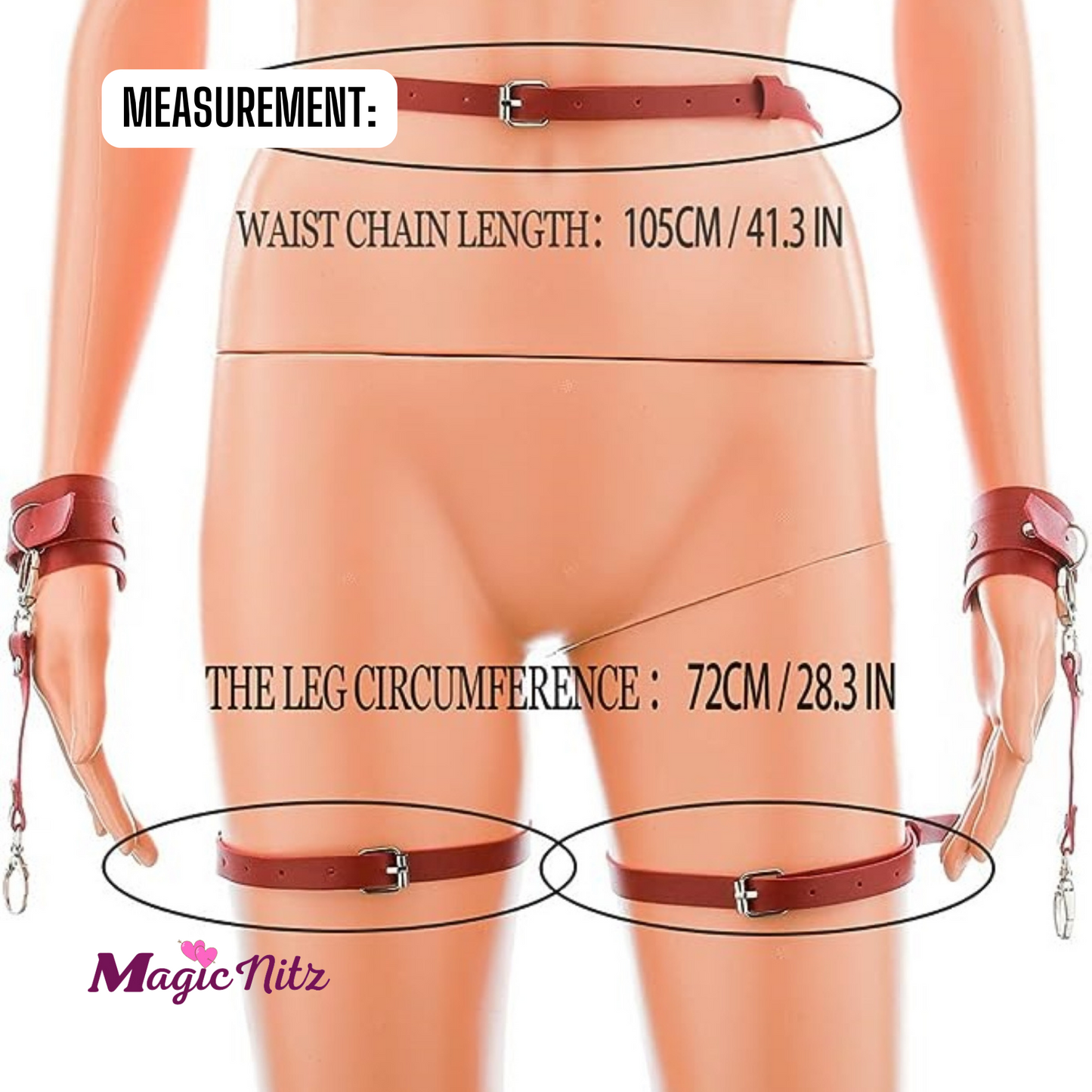 Burgundy Leather Thigh Waist Strap and Wrist Chain Cuffs Harness Bondage Set