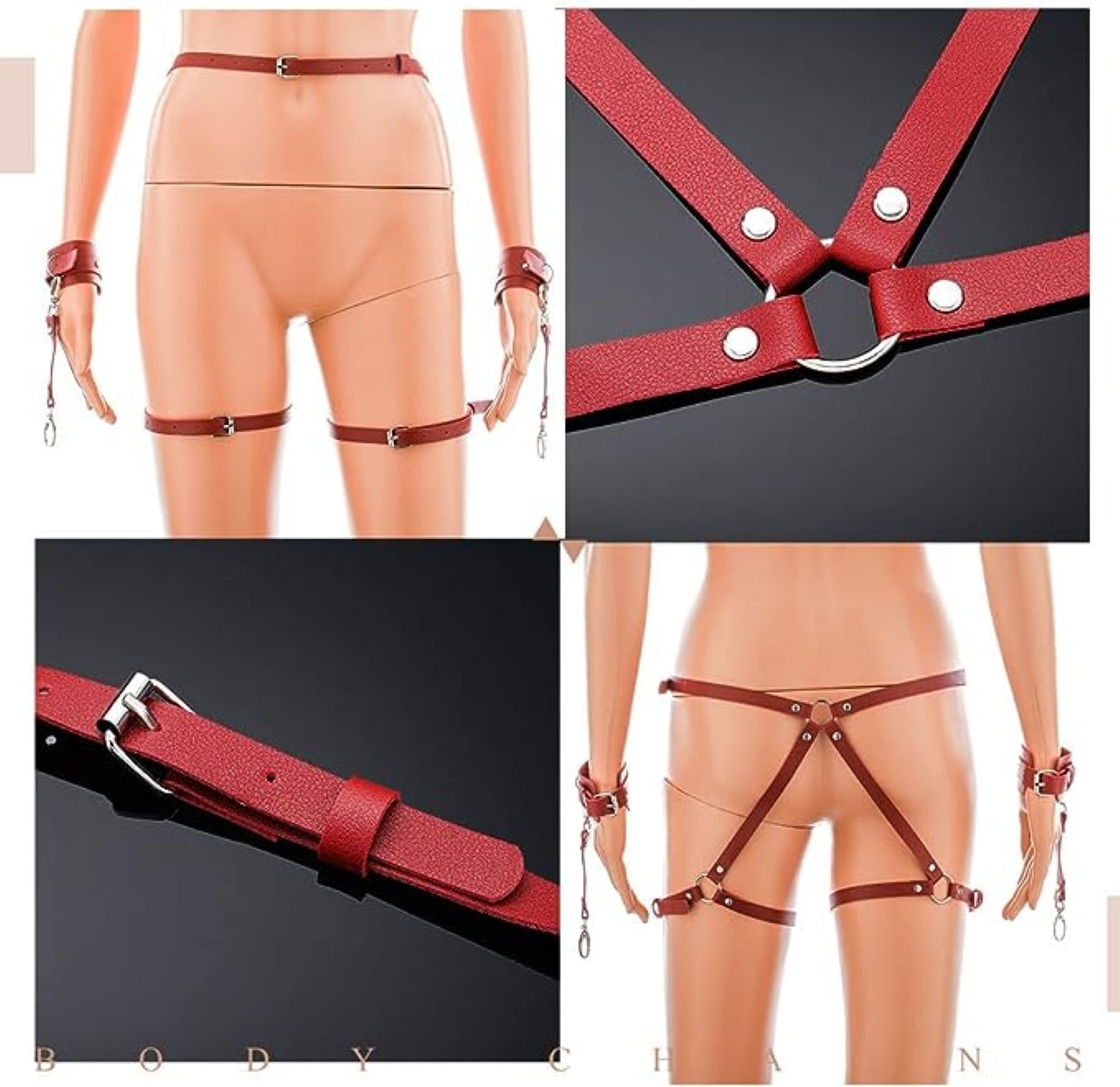 Burgundy Leather Thigh Waist Strap and Wrist Chain Cuffs Harness Bondage Set
