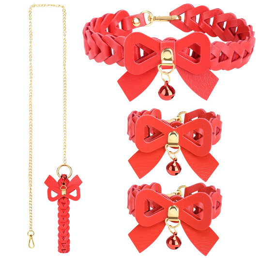 Red Leather Handcuffs and Collar Choker Set with Gold Stainless Steel Chain BDSM