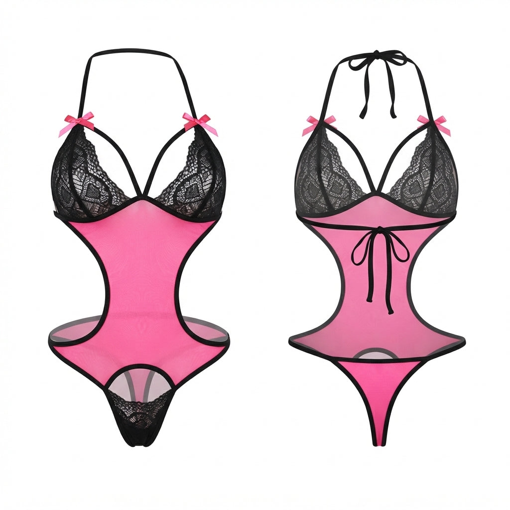 Women Rose Lingerie Lace Teddy Mesh Bodysuit