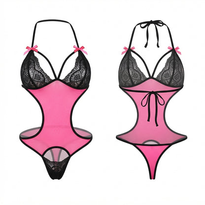 Women Rose Lingerie Lace Teddy Mesh Bodysuit