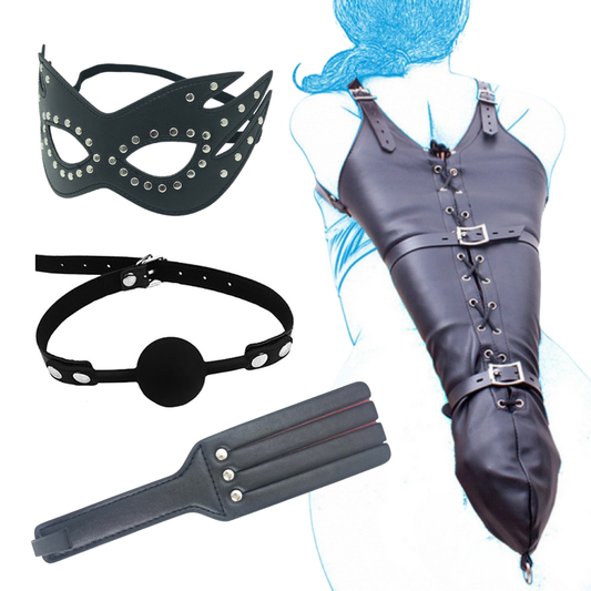 4-Piece Black  Faux Leather Bondage Set