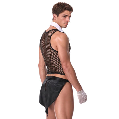 Sexy Men Play Boy Waiter Mesh Vest Role Play Underwear Costume 4pcs Set