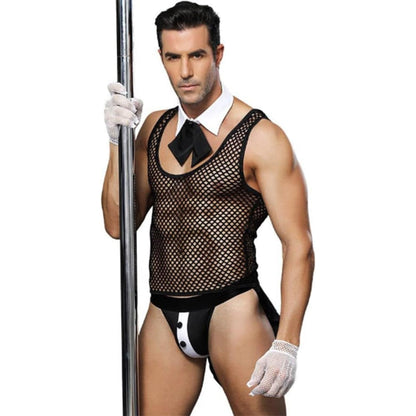 Sexy Men Play Boy Waiter Mesh Vest Role Play Underwear Costume 4pcs Set