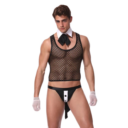 Sexy Men Play Boy Waiter Mesh Vest Role Play Underwear Costume 4pcs Set
