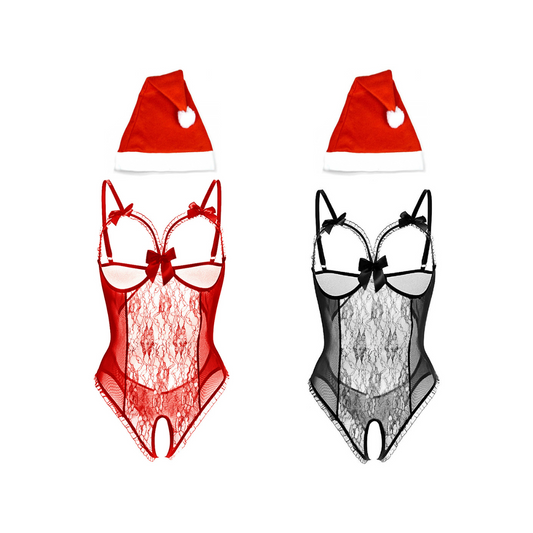 Festive Exposed Open Bra Crotchless Lace Bodysuit with Hat- Sizes UK 8-18