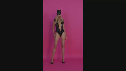 Sexy Catwomen Costume 2 Pcs Bodysuit  Wetlook Deep V Neckline Catsuit with Mask